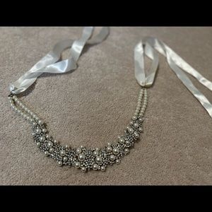 Pearl & crystal rhinestone necklace w/ adjustable / replaceable ribbon wedding